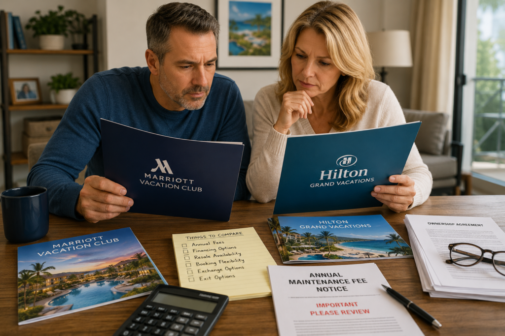 Marriott Vacation Club vs Hilton Grand Vacations comparison documents with maintenance fee and ownership notes