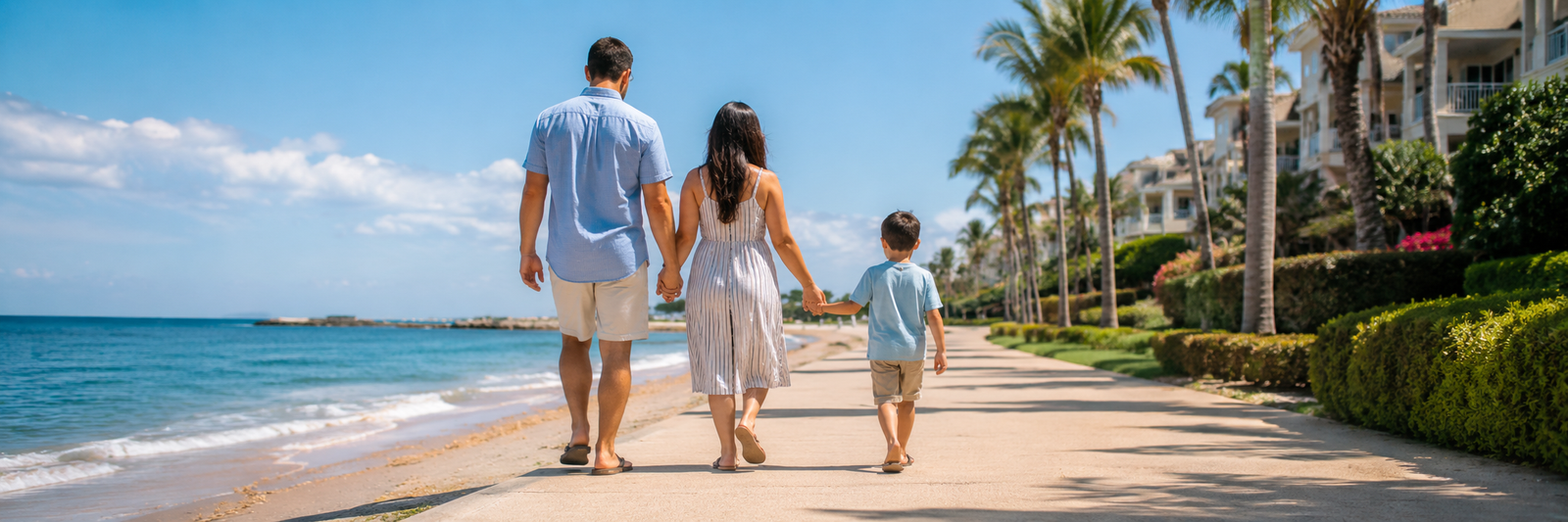 Family walking along a coastal resort path near the beach