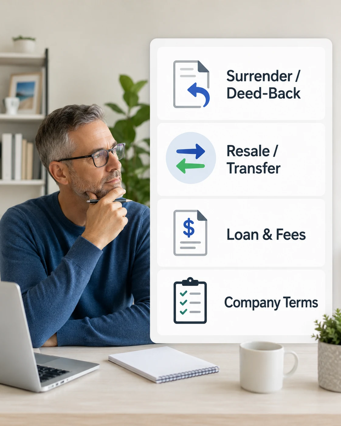 Owner reviewing options before paying a timeshare exit company, including surrender, deed-back, resale, transfer, loan and fees, and company terms.