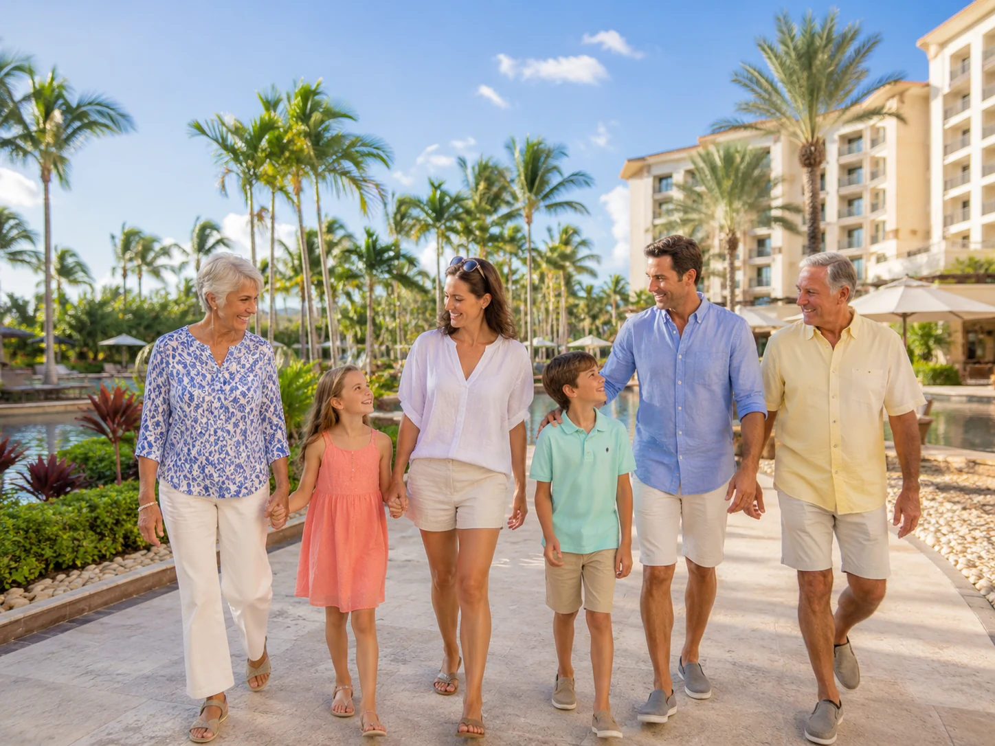 Family walking through a sunny Hilton Grand Vacations-style resort setting, representing vacation ownership that should still make sense if fees, travel habits, or family needs change.