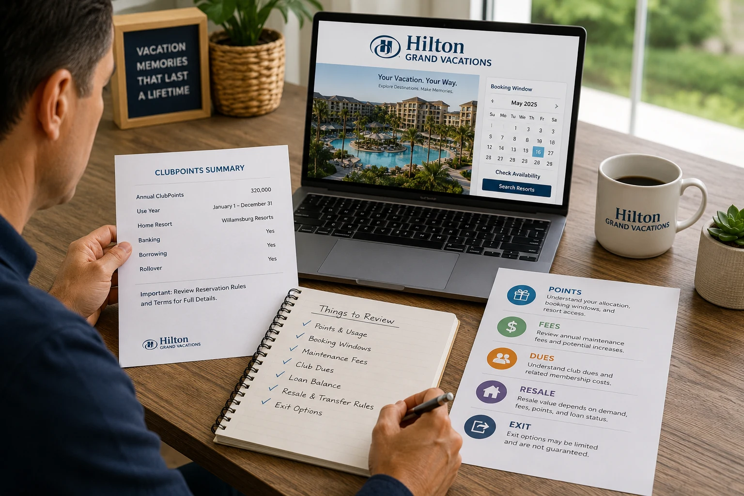 Owner reviewing Hilton Grand Vacations ownership documents, ClubPoints, booking rules, fees, resale considerations, and exit options.