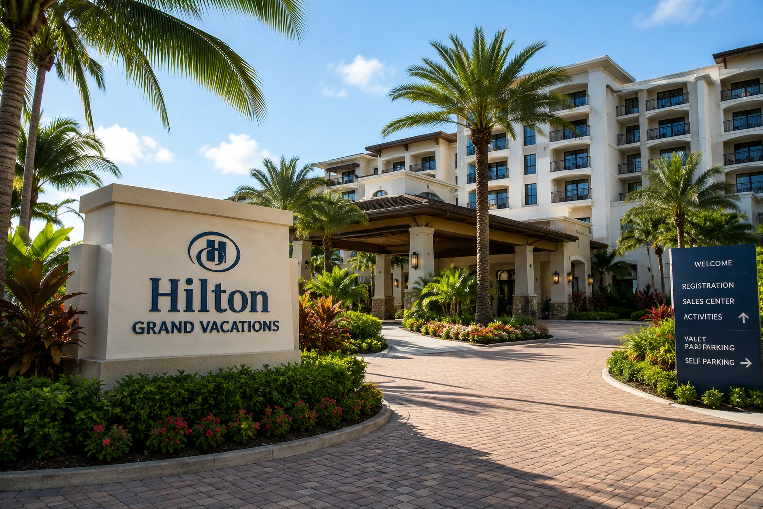 Hilton Grand Vacations-style resort entrance with palm trees, landscaping, and a resort building representing vacation ownership and resort access.