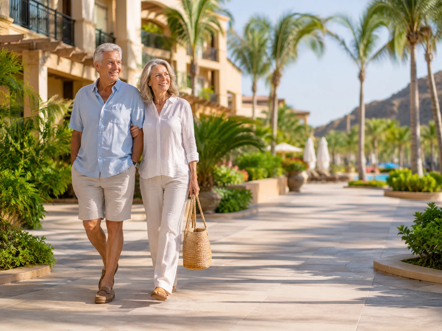 Family walking through a sunny Marriott Vacation Club-style resort setting, representing vacation ownership that should still make sense if fees, travel habits, or family needs change.