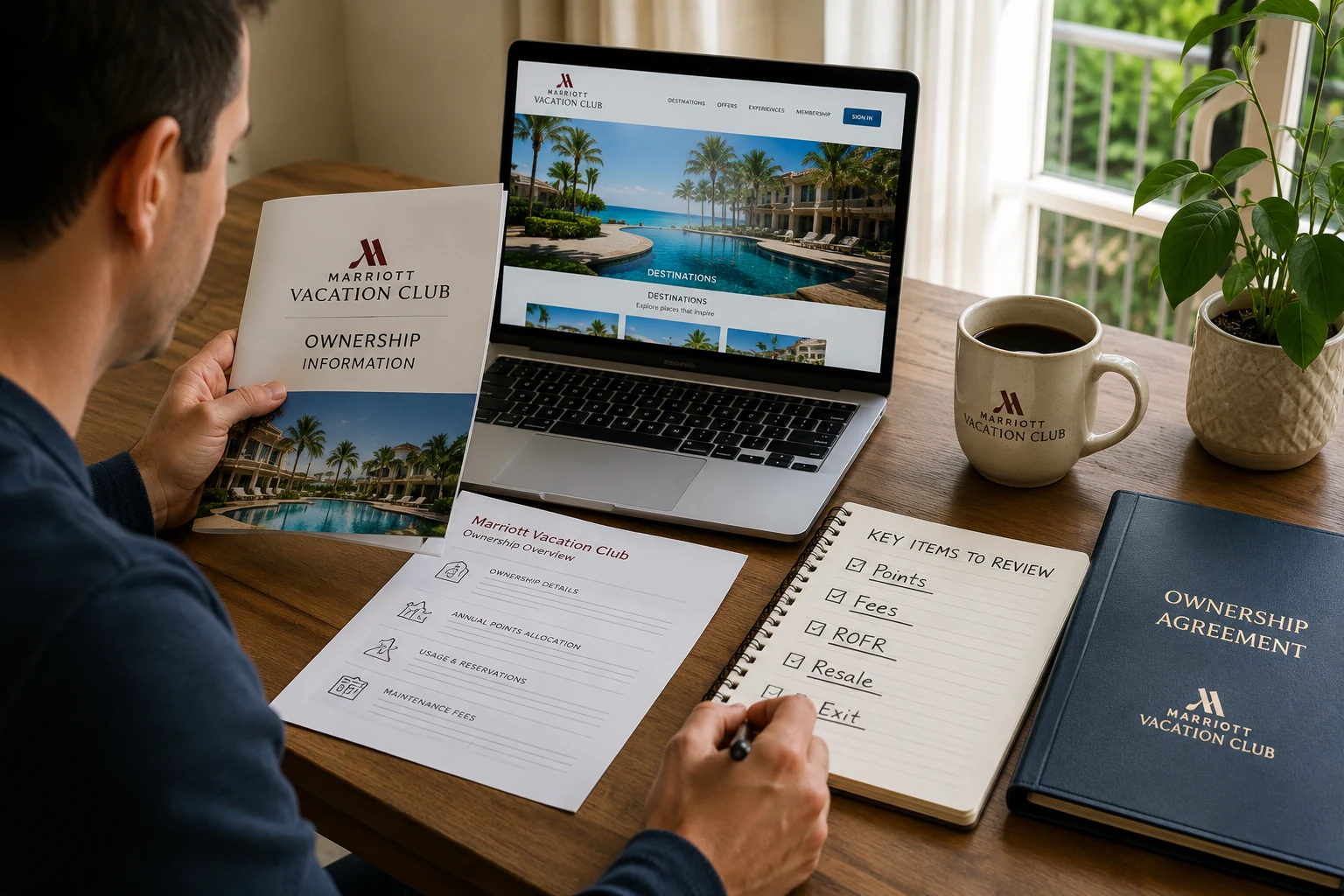 Owner reviewing Marriott Vacation Club ownership documents, points, booking rules, fees, resale considerations, and exit options.