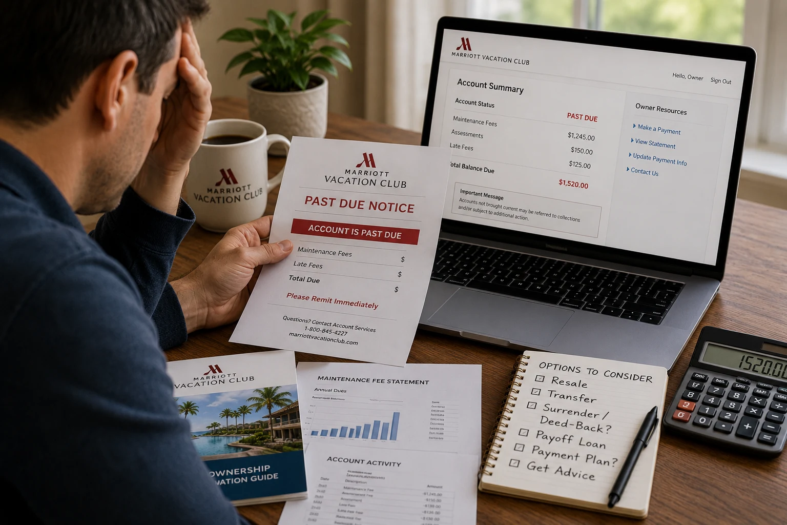 Owner reviewing Marriott Vacation Club payment notices, maintenance fees, account status, and exit options before deciding whether to stop paying.