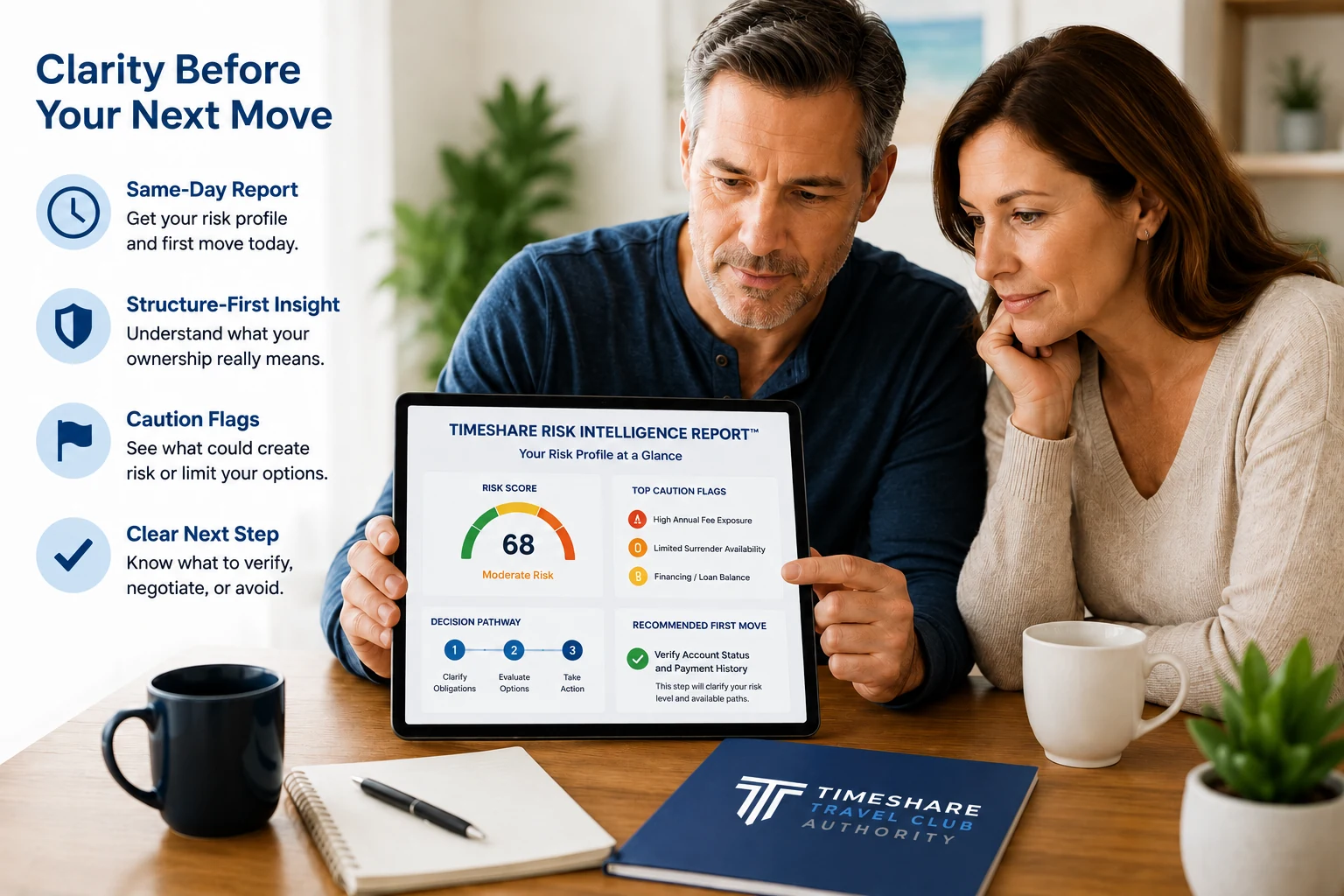 Couple reviewing a Timeshare Risk Intelligence Report before choosing a timeshare exit path.