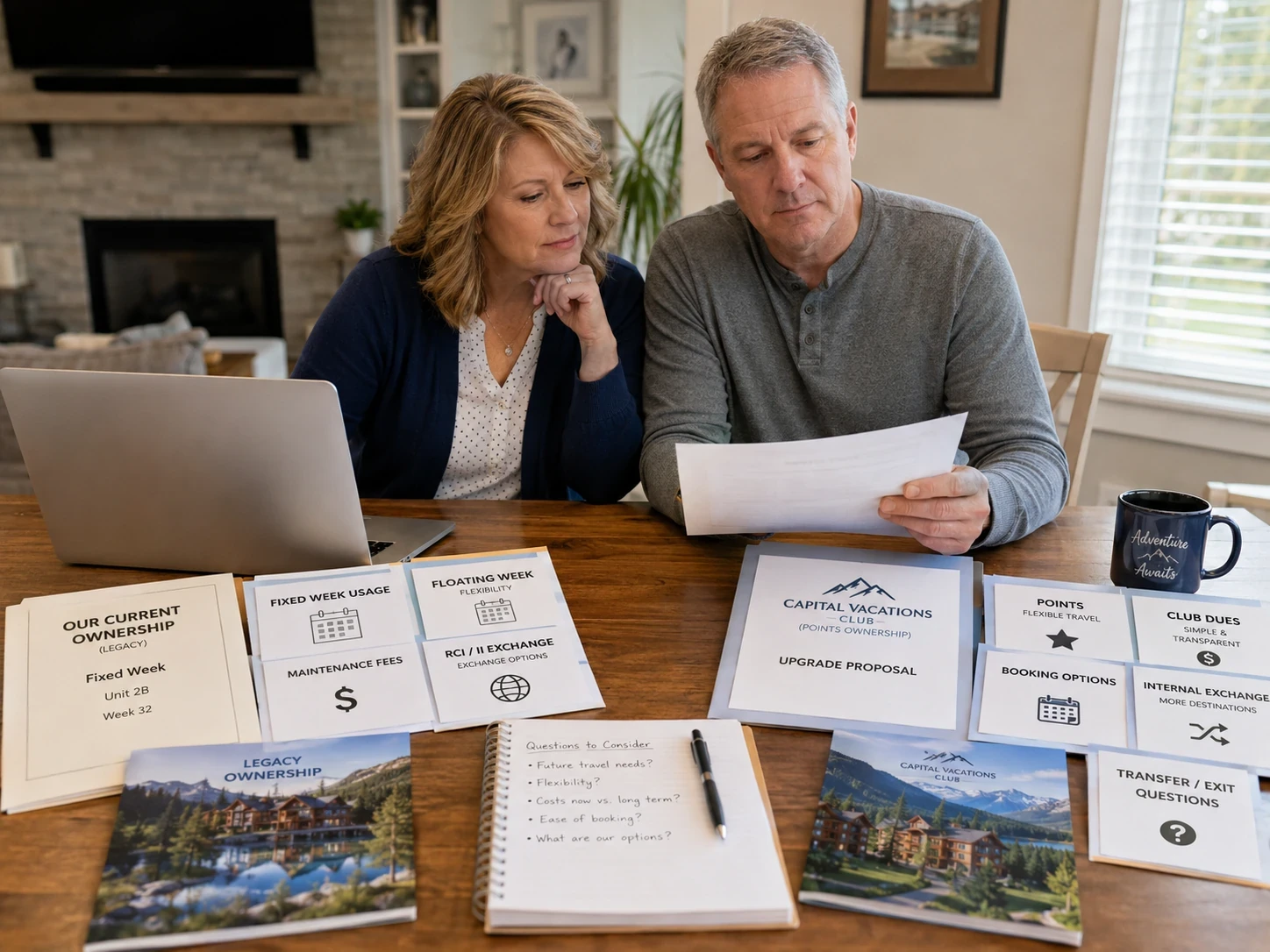 Middle-American couple in their 50s reviewing Capital Vacations points, legacy week ownership, maintenance fees, club dues, booking options, and transfer or exit questions.
