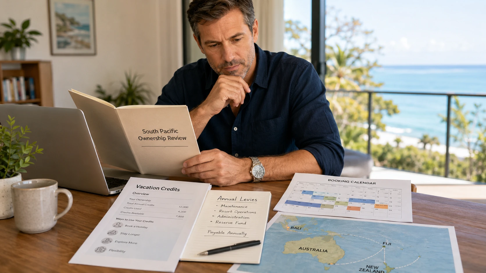 Man reviewing Club Wyndham South Pacific ownership materials with Vacation Credits overview, annual levies notes, booking calendar, and South Pacific resort map.