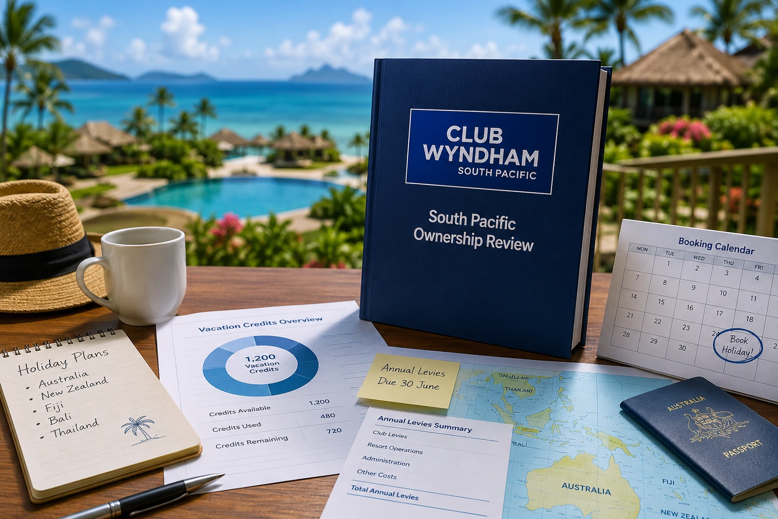 Club Wyndham South Pacific ownership review scene with a resort-style pool, palm trees, and vacation club planning materials.