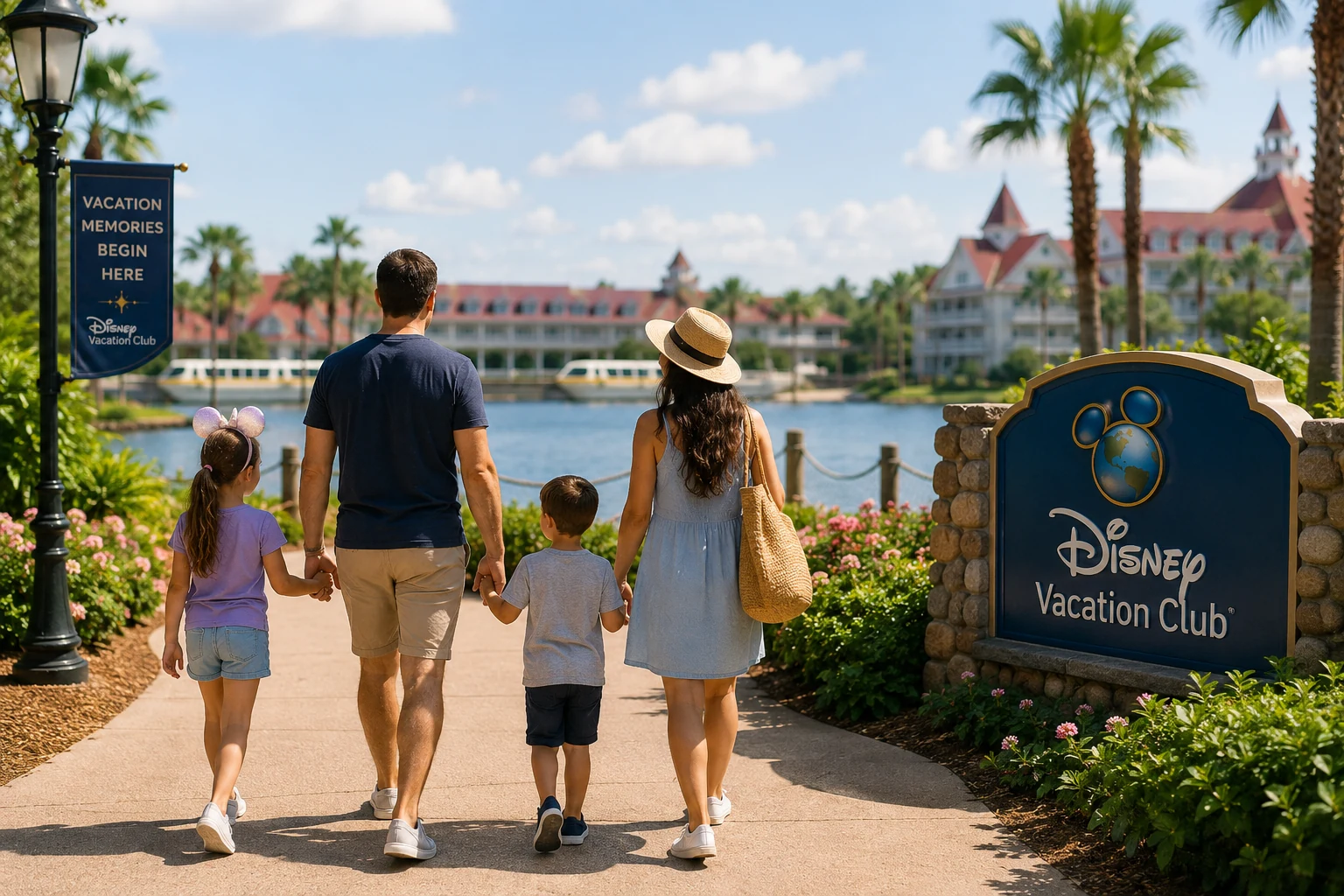 Family walking through a resort setting after reviewing Disney Vacation Club ownership