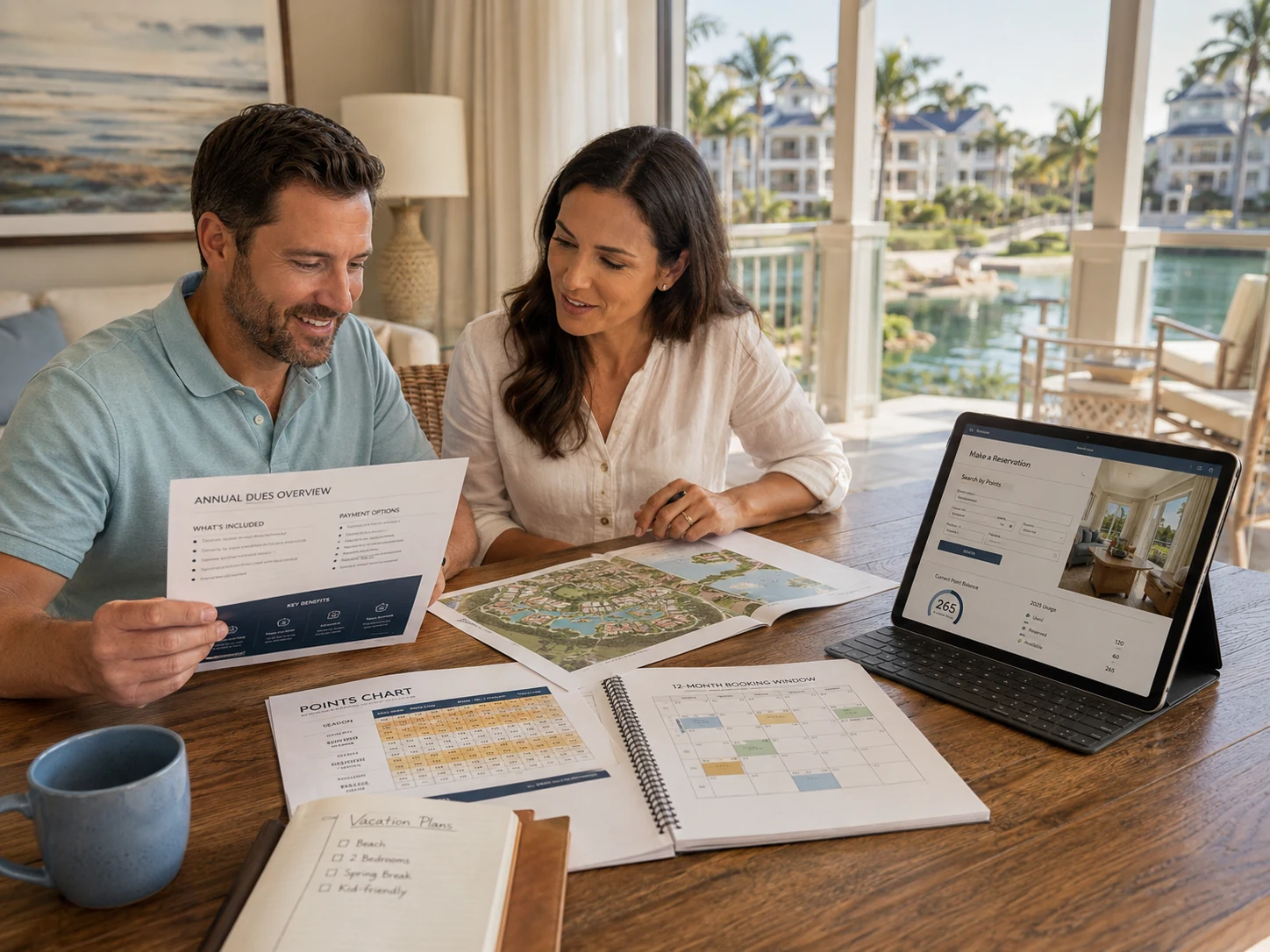 Disney Vacation Club owner reviewing points, annual dues, and booking details