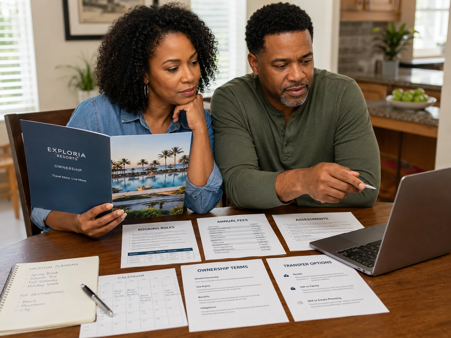 Couple reviewing Exploria Resorts ownership documents and Club Exploria membership information