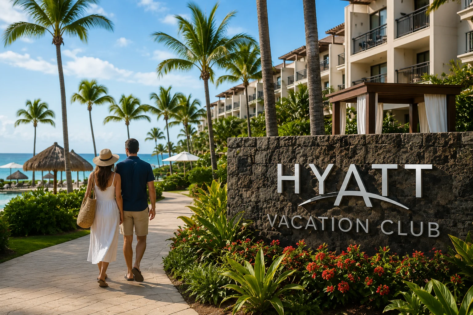 Couple walking through a Hyatt-style resort setting after reviewing vacation ownership options