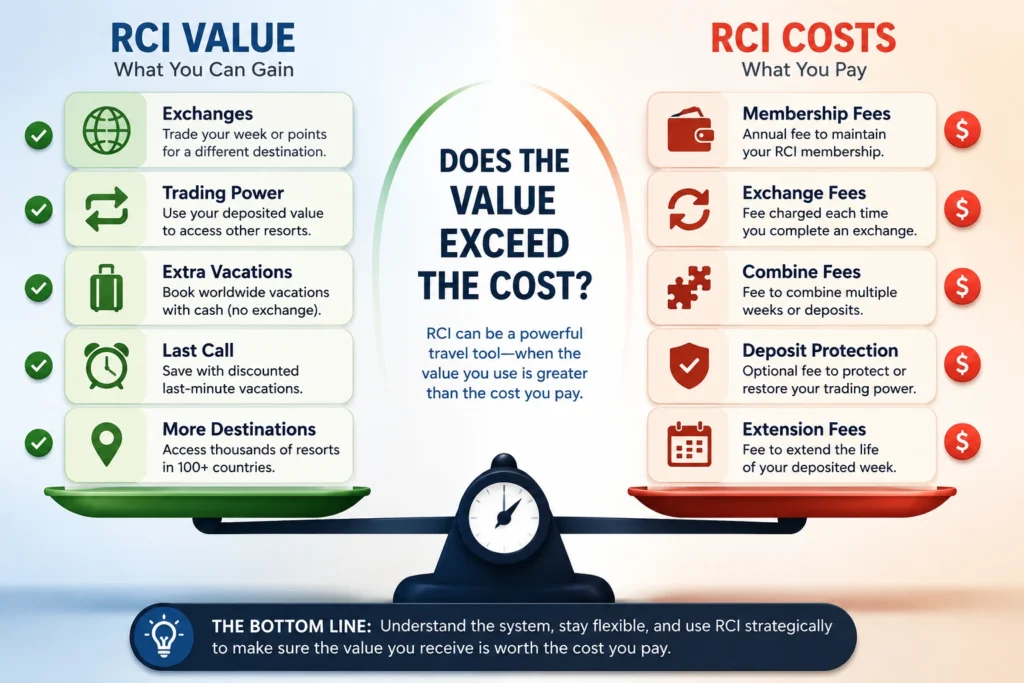 Balance-scale infographic comparing the value of RCI membership, including exchanges, trading power, Extra Vacations, Last Call deals, and destination access, against costs such as membership fees, exchange fees, combine fees, deposit protection, and extension fees.
