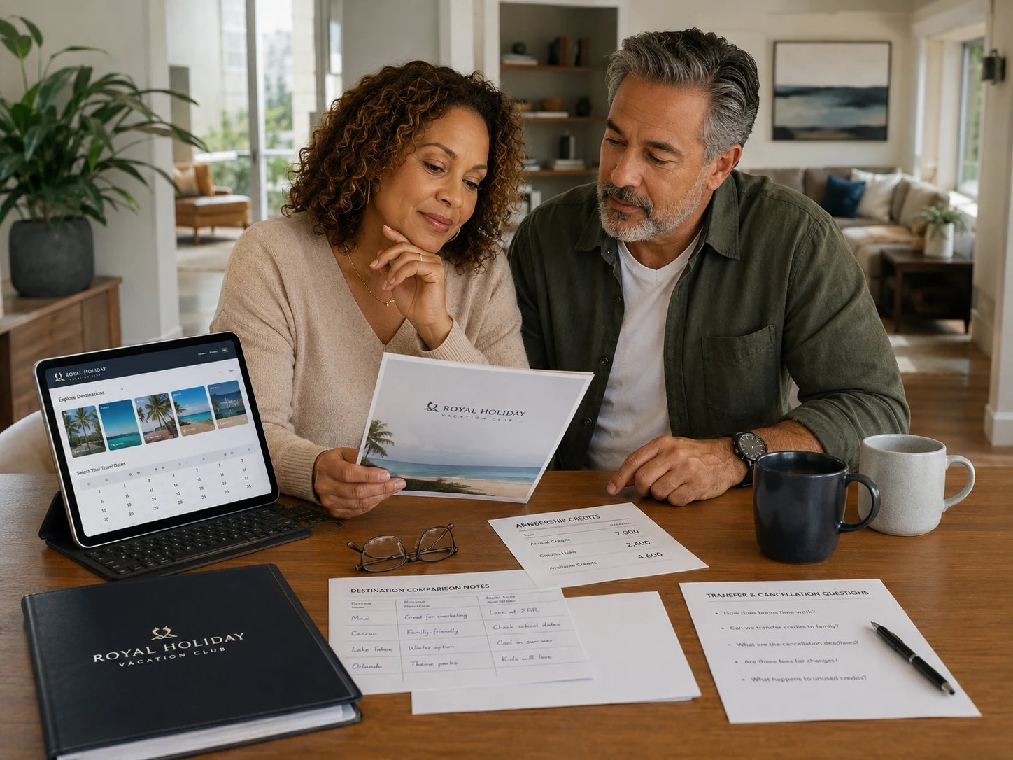 Mixed-race couple in their 50s reviewing Royal Holiday Vacation Club membership materials, credits, fees, destinations, and cancellation questions at home