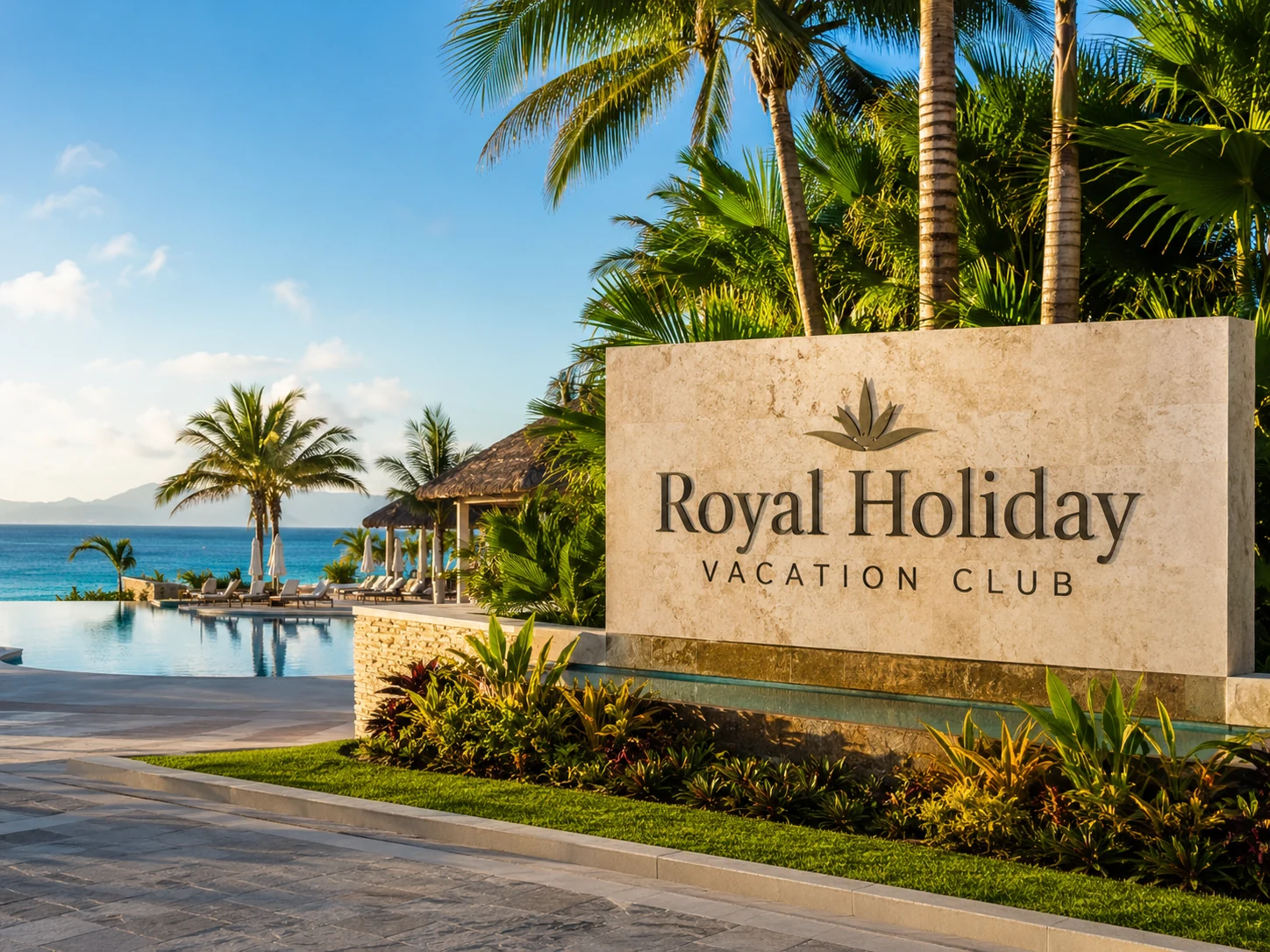 Royal Holiday Vacation Club resort-style entrance sign near a tropical pool and oceanfront setting.