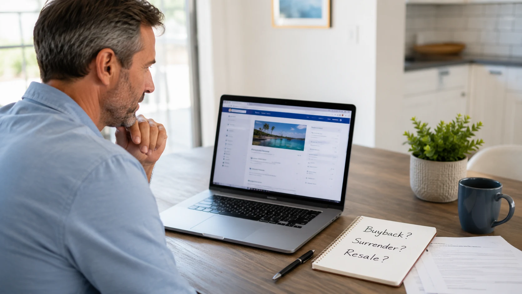 Timeshare owner reviewing a resort account on a laptop while comparing buyback, surrender, and resale options