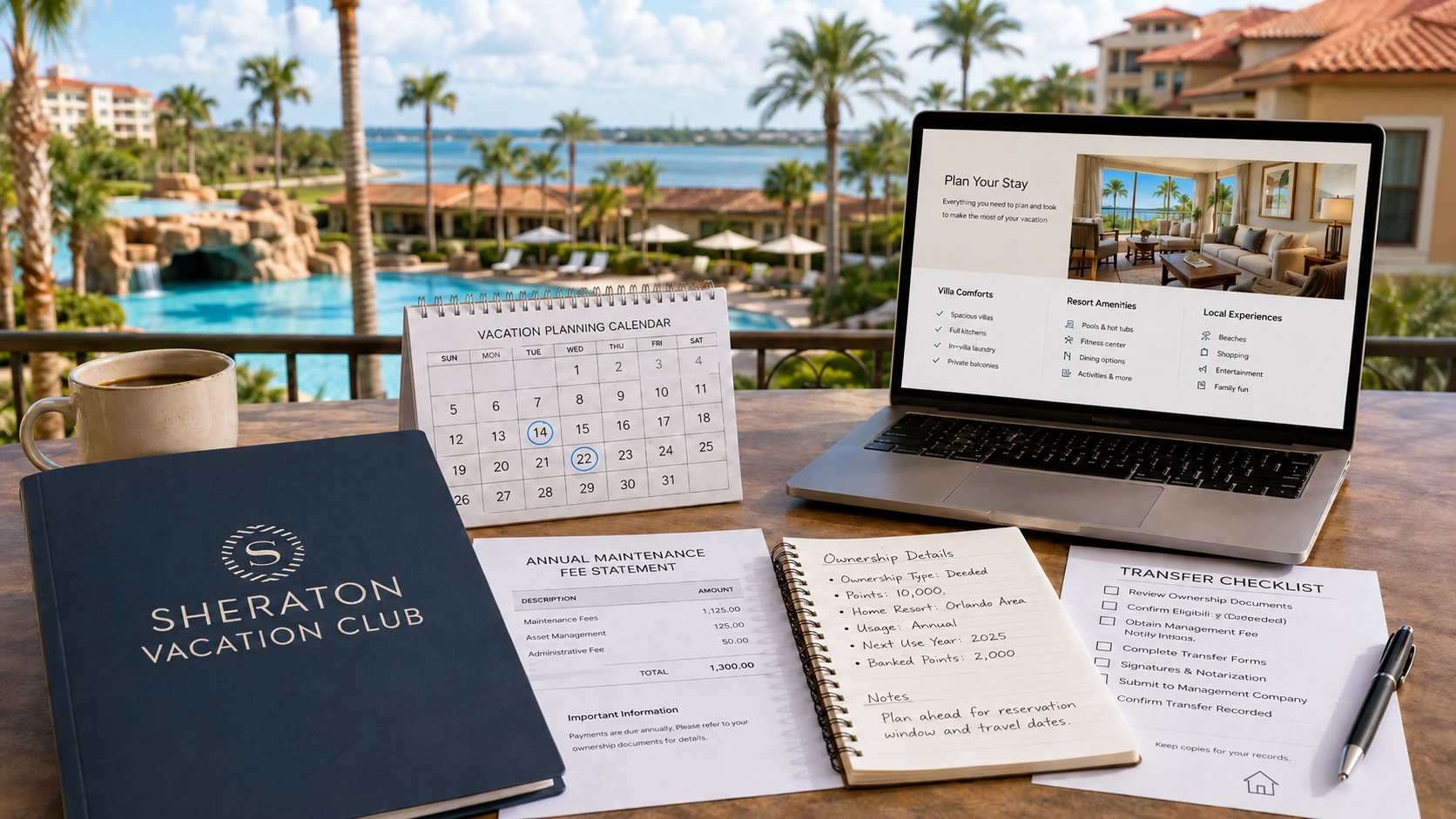 Sheraton Vacation Club-style resort scene with upscale grounds, palm trees, and vacation ownership planning materials.