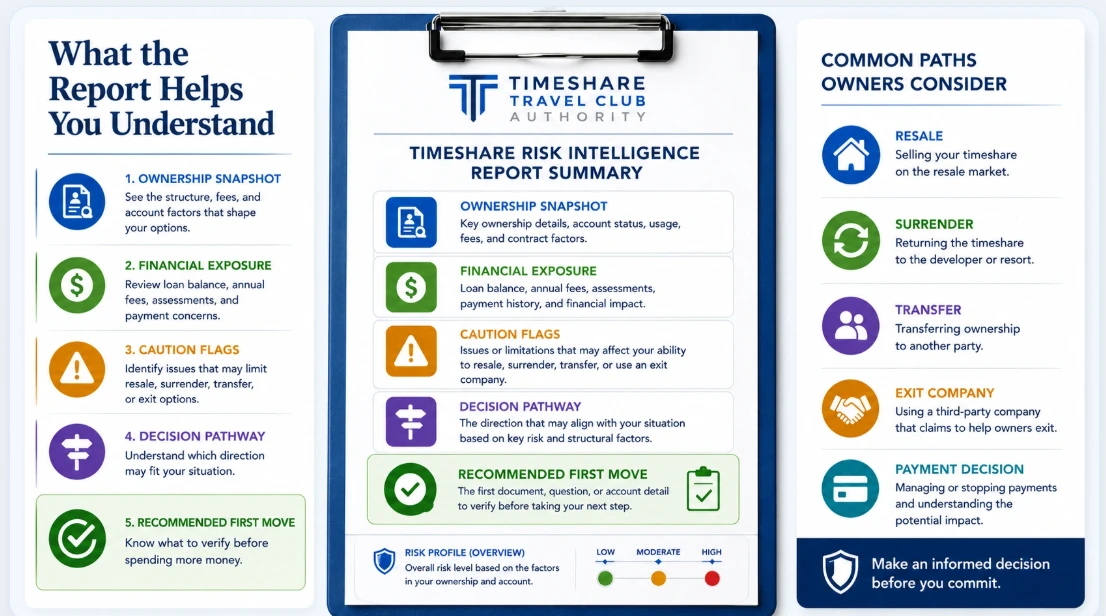 Infographic showing the Timeshare Decision Intelligence Report™ framework, including ownership snapshot, financial exposure, caution flags, decision pathways, and recommended next steps.