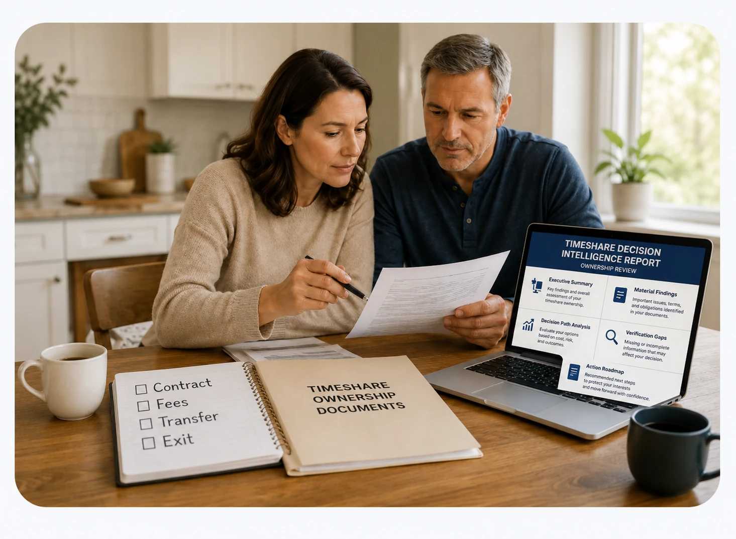 A couple reviews timeshare ownership documents beside a laptop showing a Timeshare Decision Intelligence Report dashboard.