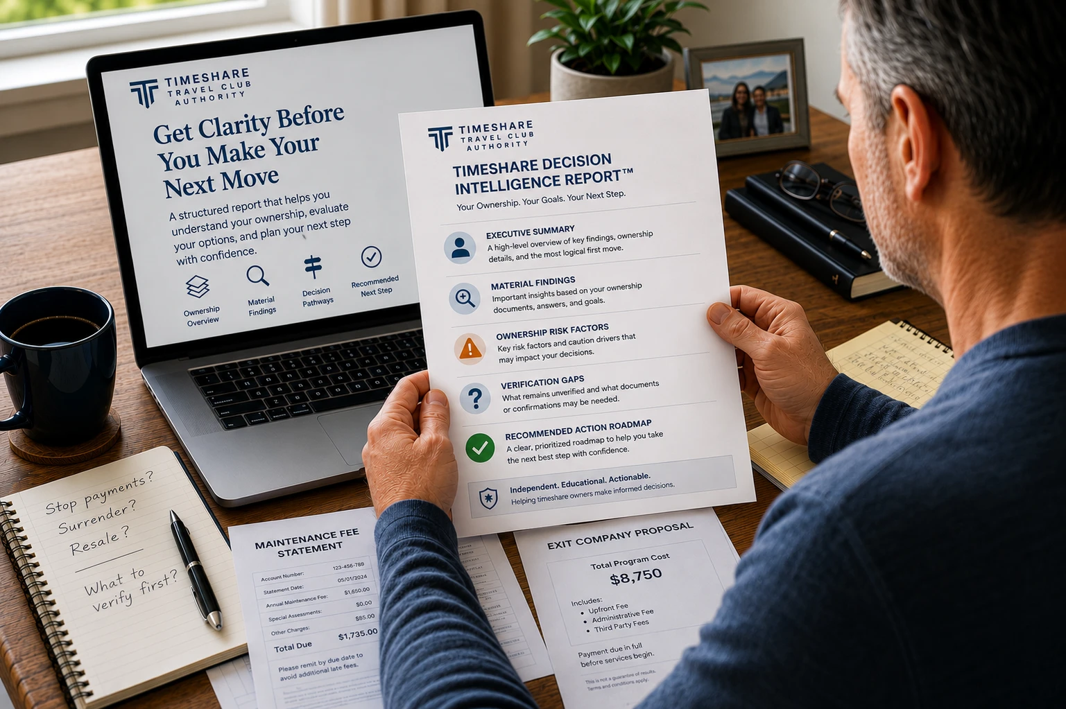 Timeshare owner reviewing a Timeshare Decision Intelligence Report while comparing maintenance fees, an exit company proposal, and possible ownership options.