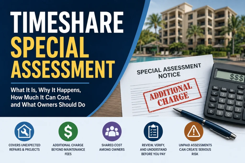 Infographic explaining what a timeshare special assessment is and why owners may receive an additional charge