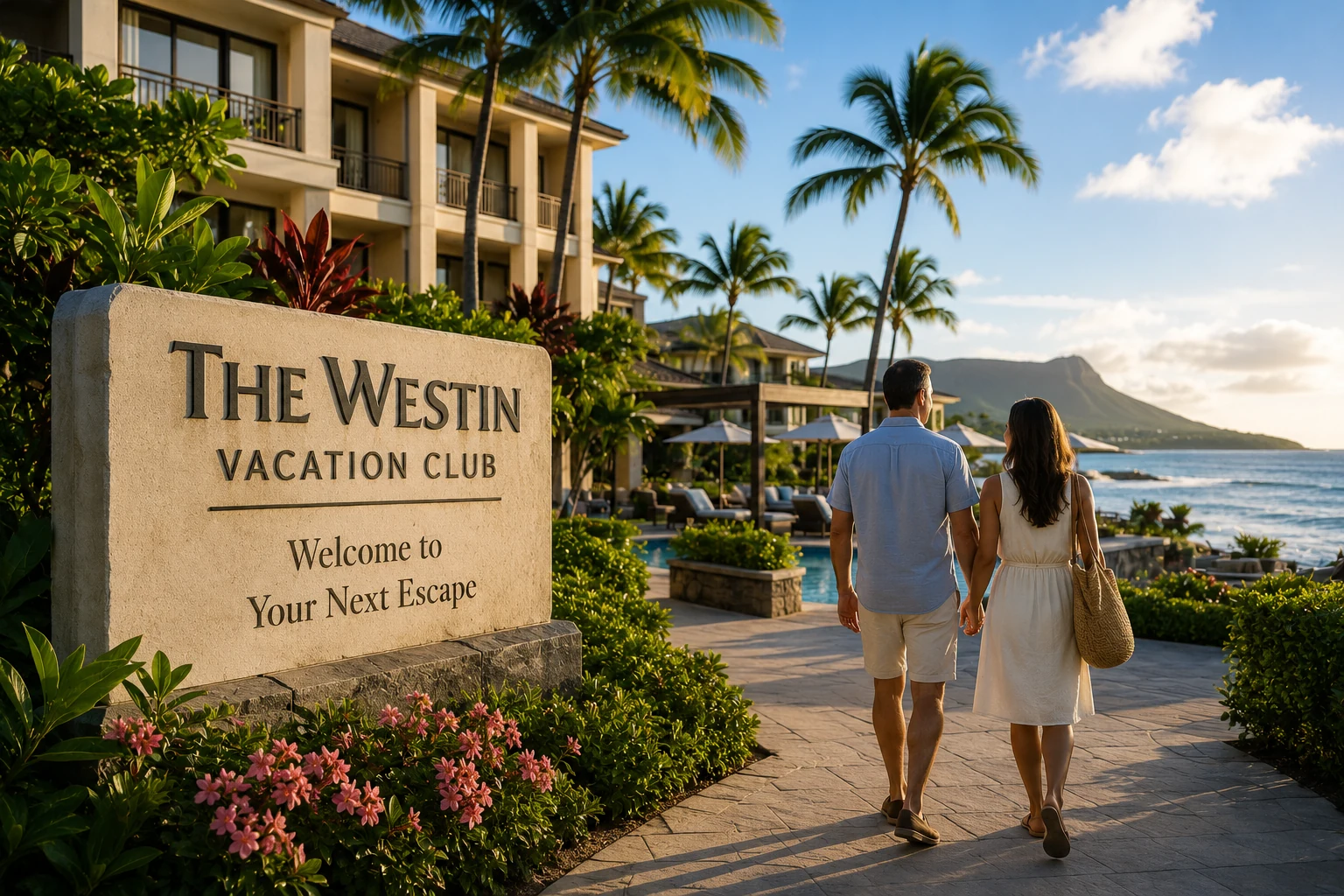 Couple walking through a premium resort setting representing Westin Vacation Club ownership decisions