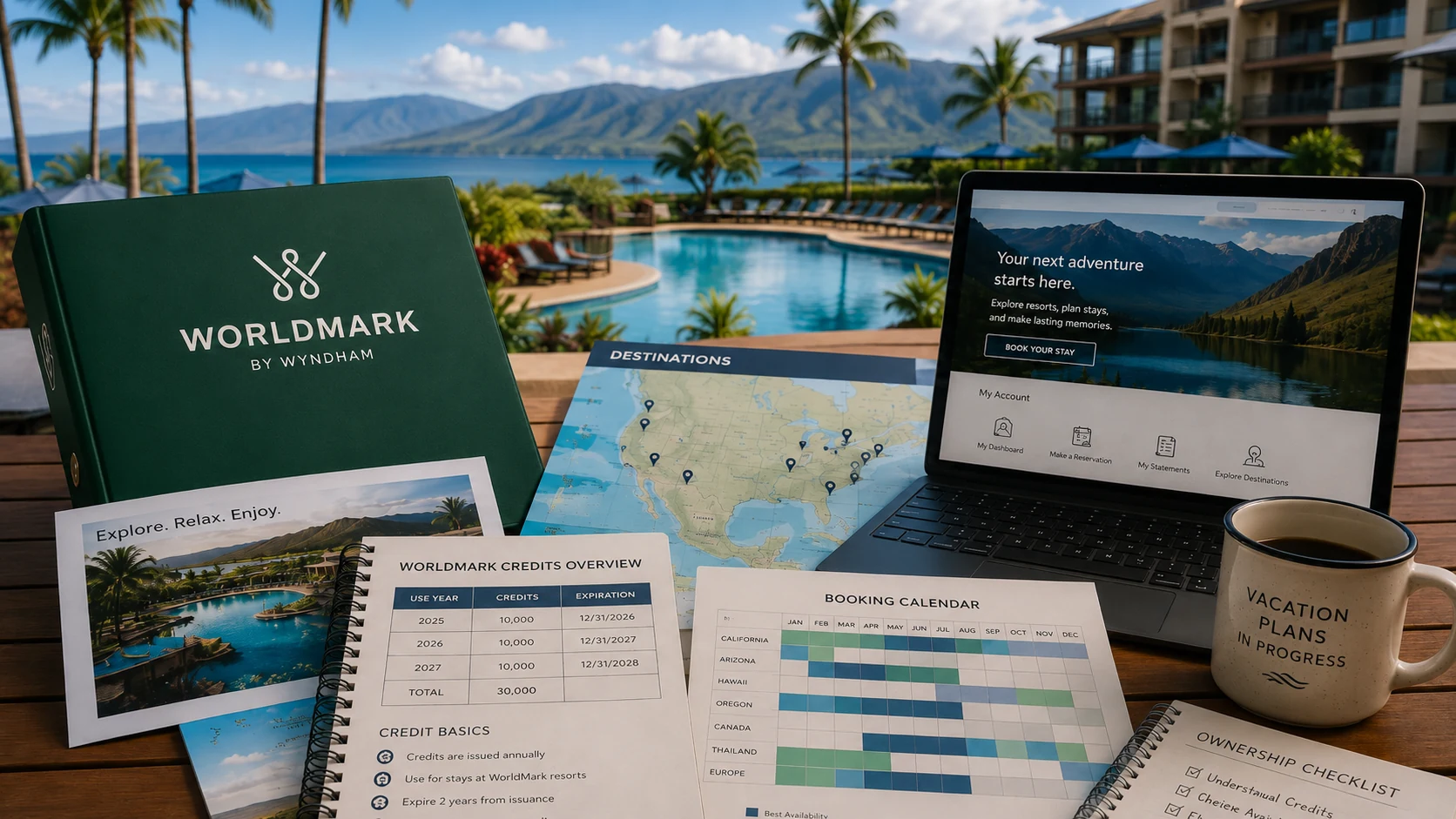 WorldMark by Wyndham-style ownership review scene with a resort setting, landscaped grounds, and vacation planning materials.