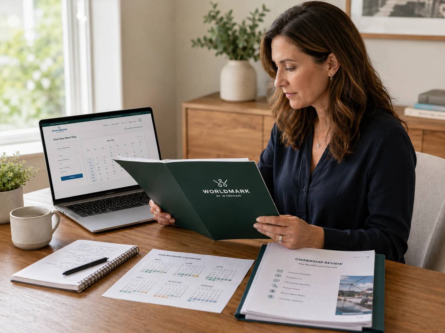 Woman reviewing WorldMark by Wyndham ownership materials with booking calendar, credits information, and ownership review documents.