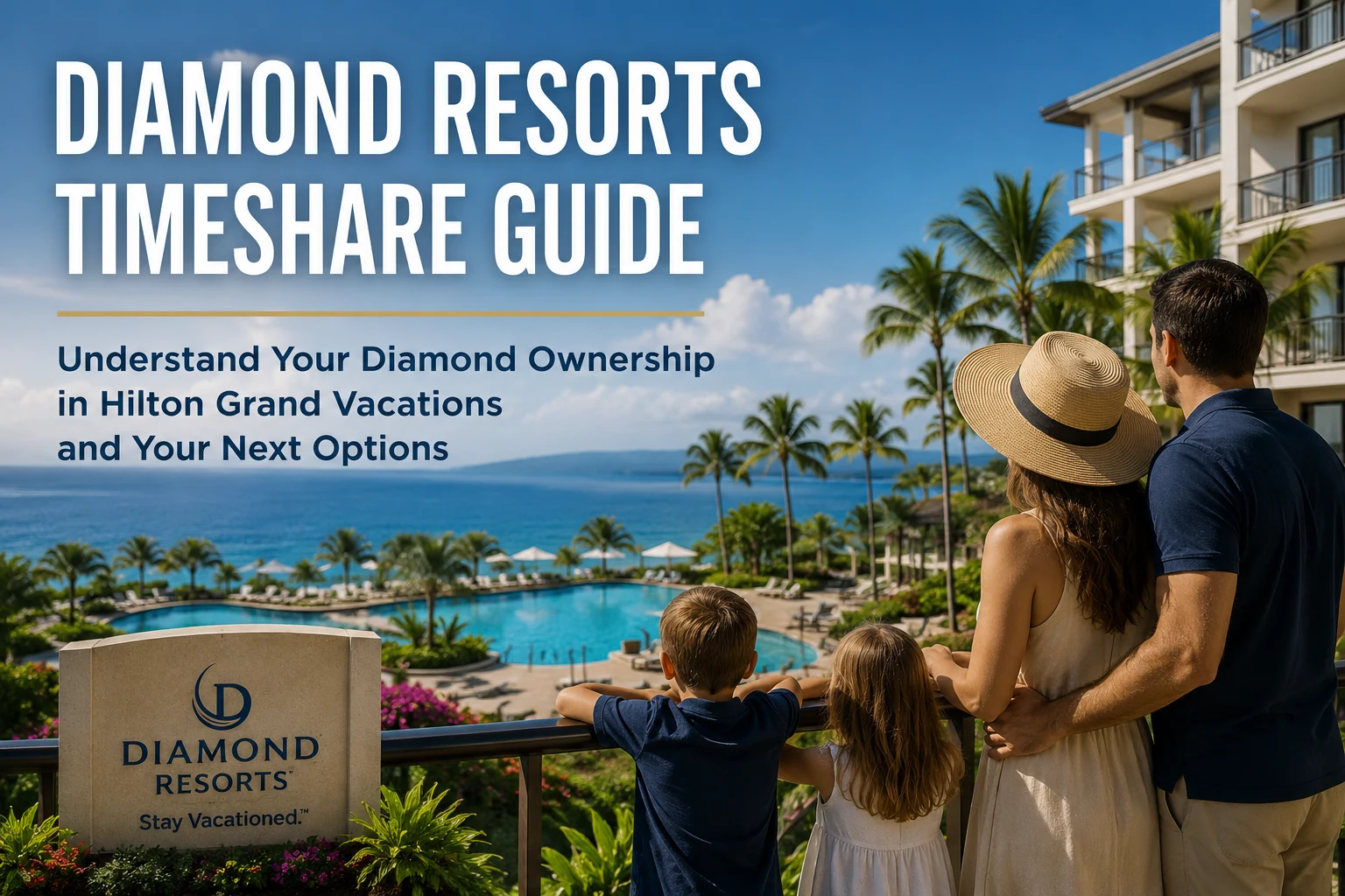 Family overlooking a tropical resort while reviewing legacy Diamond Resorts ownership under Hilton Grand Vacations