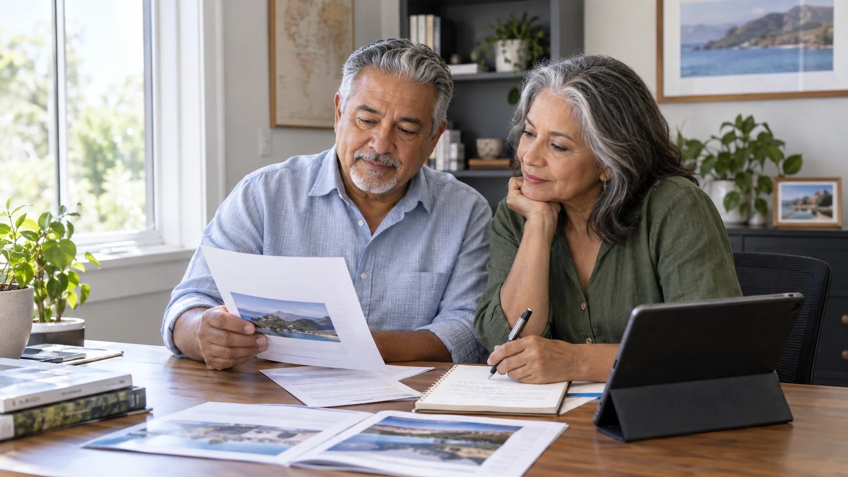 Older couple reviewing Club Wyndham ownership documents in a home office