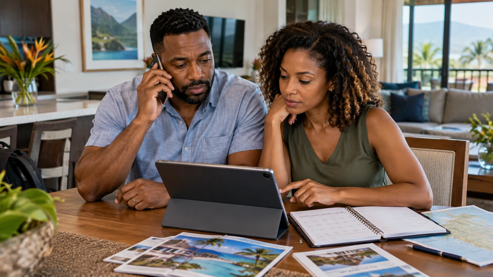 Couple using a tablet and phone to plan a Club Wyndham reservation