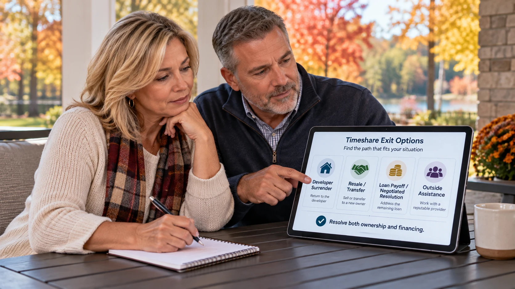 Couple in their 50s reviewing financed timeshare exit options on a tablet on a Midwest porch in fall