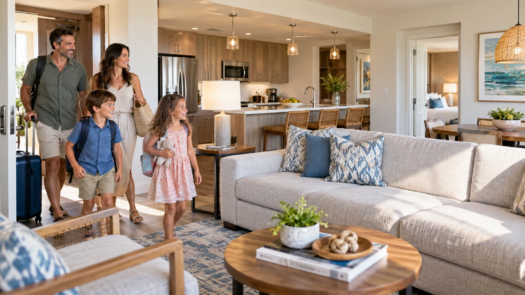 Family arriving at a spacious Hilton Grand Vacations-style resort condo