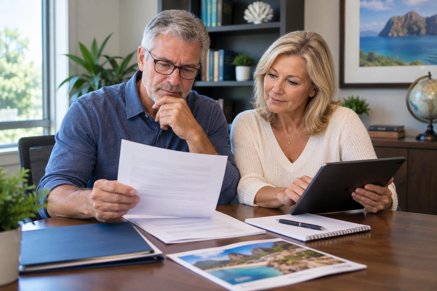 Older couple reviewing Hilton Grand Vacations ownership documents in a home office