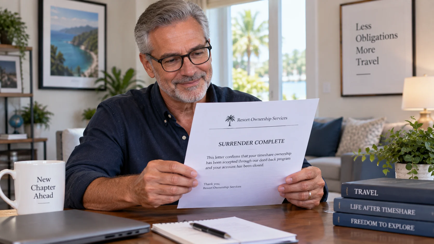 Timeshare owner reviewing written confirmation that a deed-back surrender has been completed and the ownership account closed.