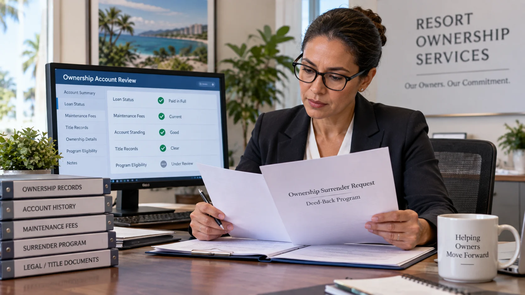 Resort ownership specialist reviewing a timeshare deed-back request, loan status, maintenance fees, account standing, and title records.