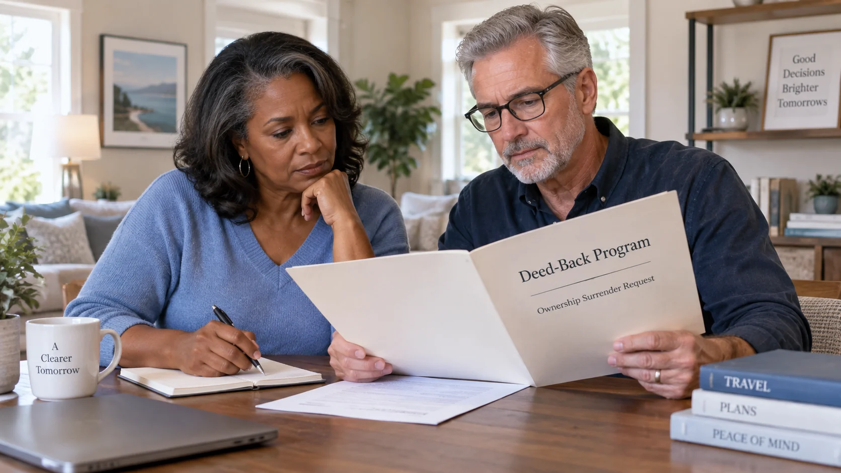 Timeshare owners reviewing a developer deed-back program and ownership surrender request at home.