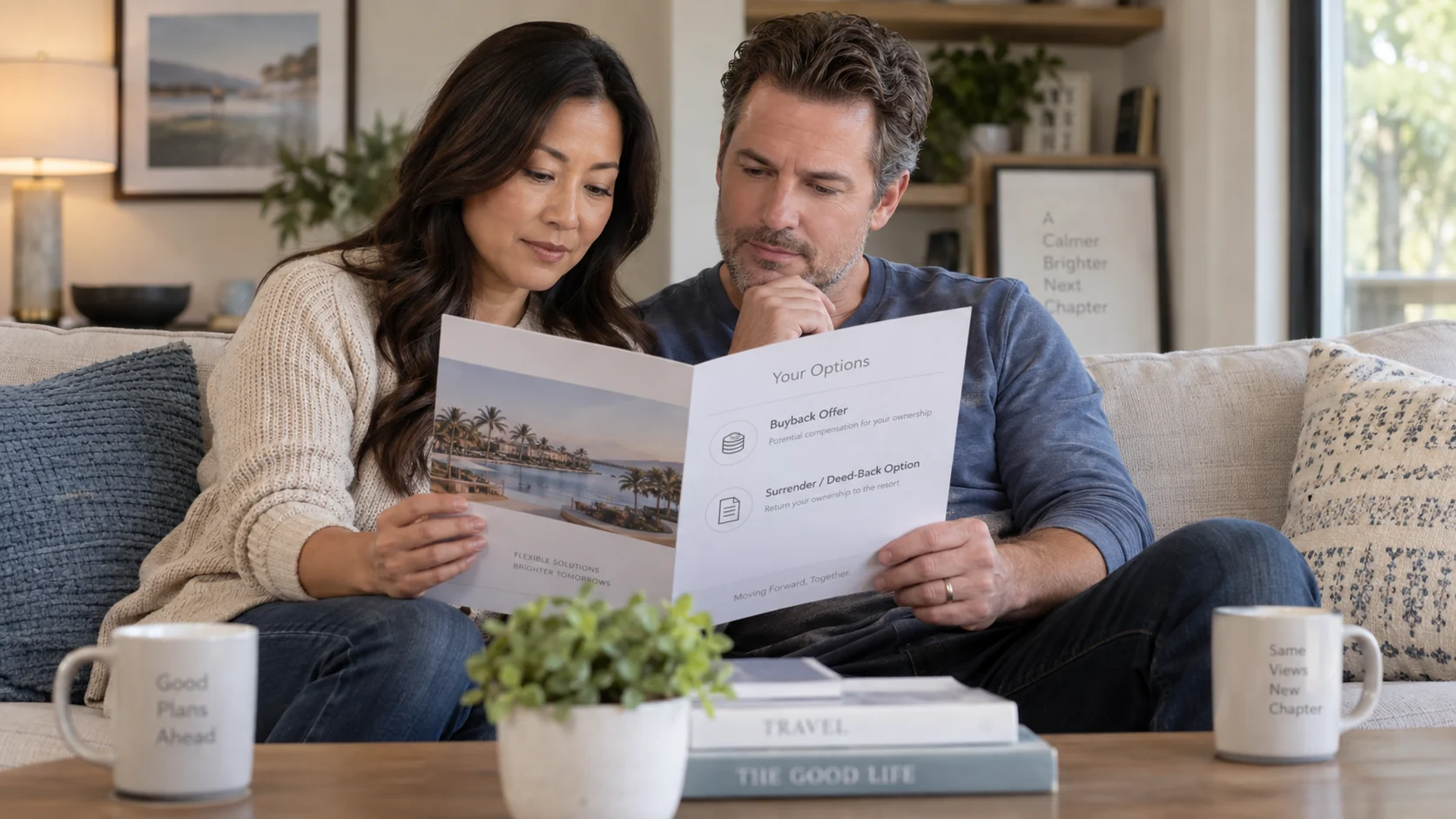 Couple reviewing a developer buyback offer and surrender or deed-back option for their timeshare ownership.