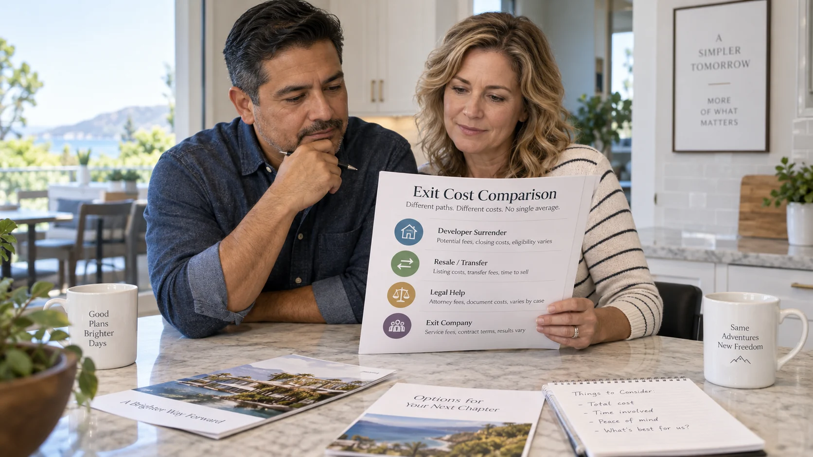 Couple comparing the potential costs of developer surrender, resale or transfer, legal help, and a timeshare exit company.