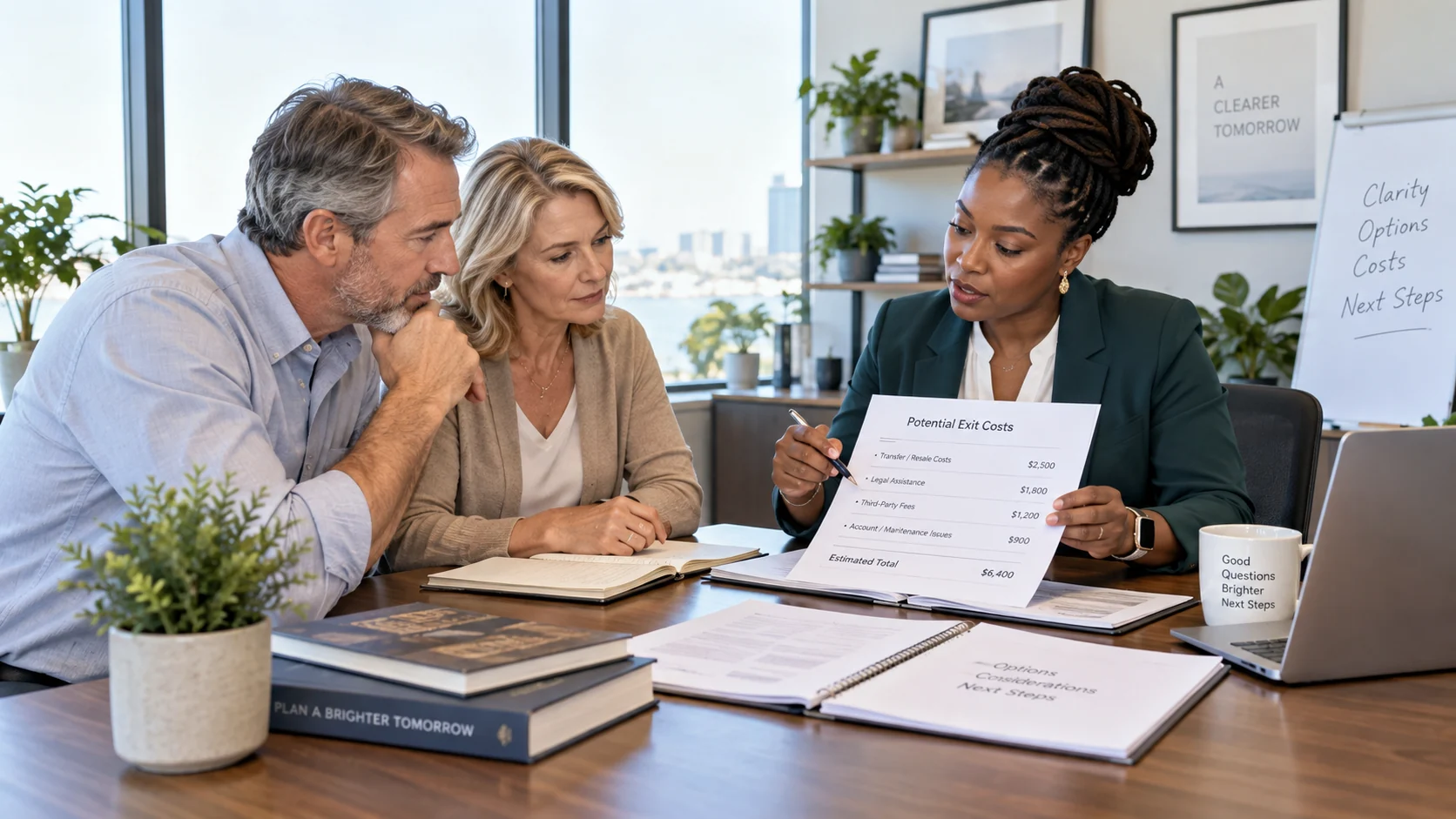 Timeshare owners reviewing potential exit costs with a professional, including transfer, legal, third-party, and account-related expenses.