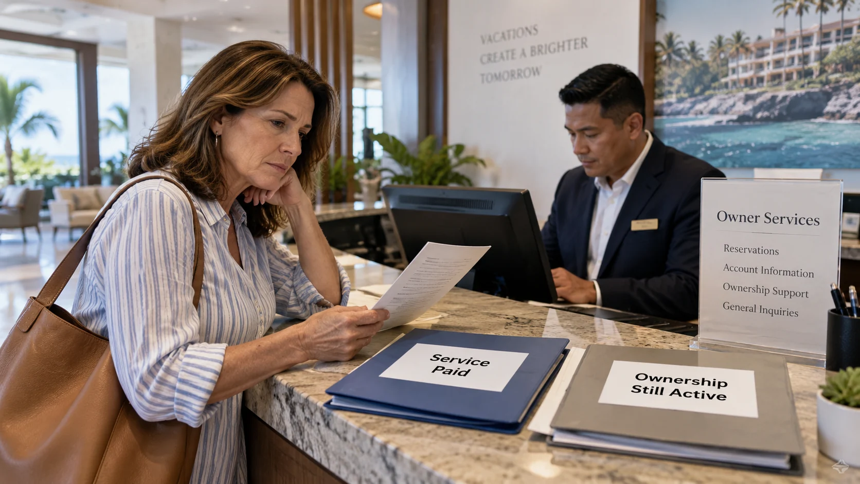 Timeshare owner reviewing paperwork after paying for an exit service while the ownership account remains active.