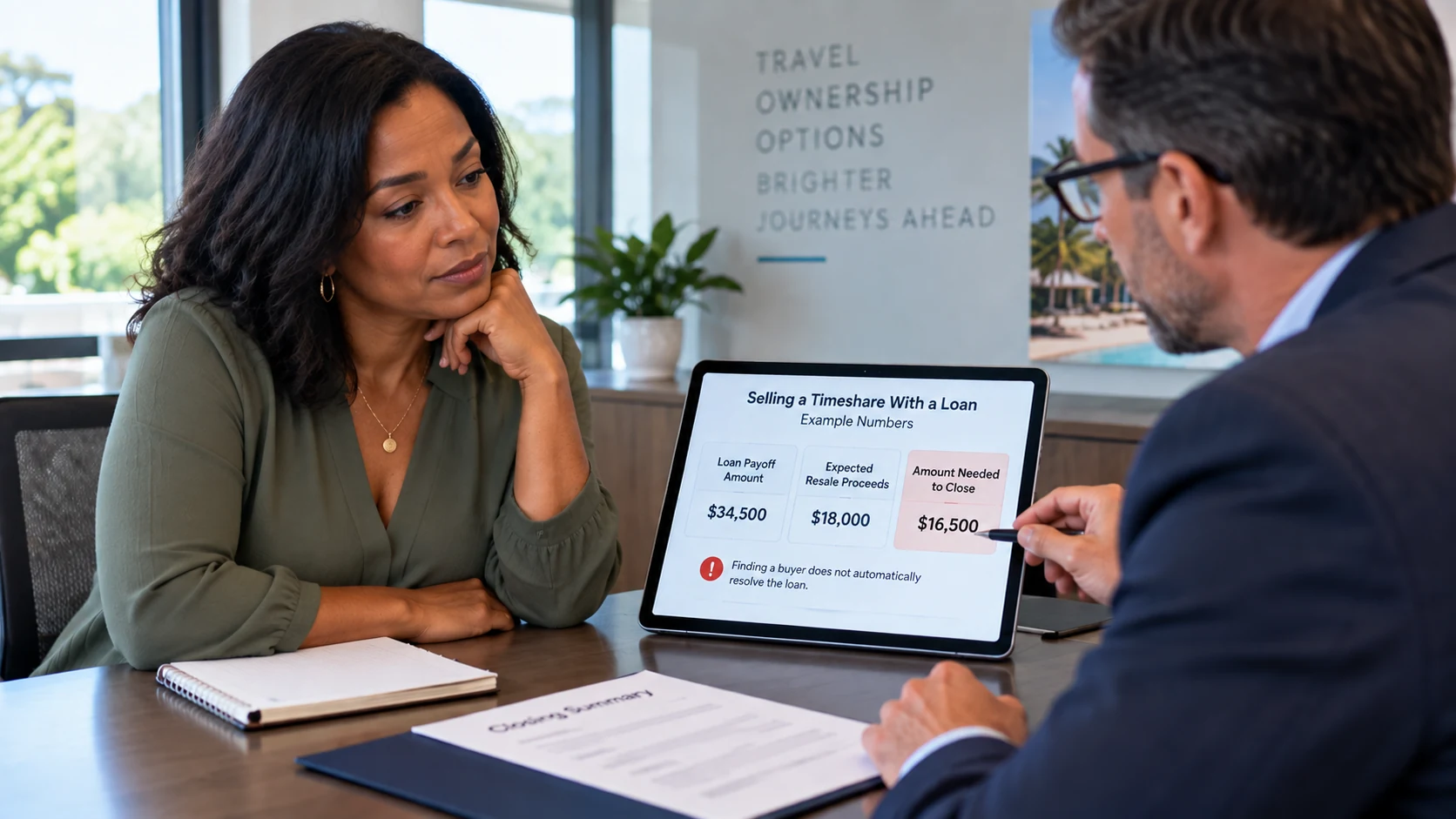 Woman in her 40s reviewing a timeshare loan payoff, expected resale proceeds, and amount needed to close with a transaction professional