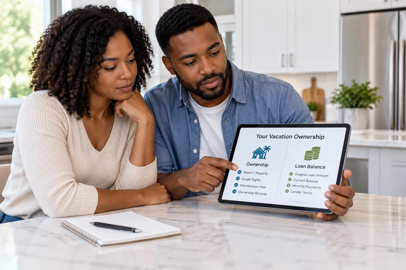 African American couple in their 30s reviewing timeshare ownership details and loan balance on a tablet at a kitchen island