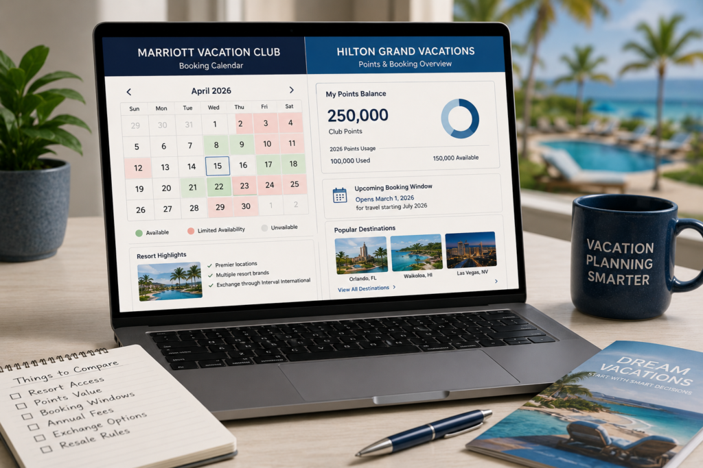Timeshare booking calendar showing points balance, availability dates, and destination access options