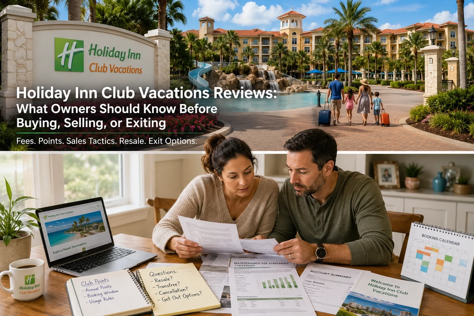 Holiday Inn Club Vacations resort and owners reviewing Club Points, maintenance fees, booking rules, resale, and exit options