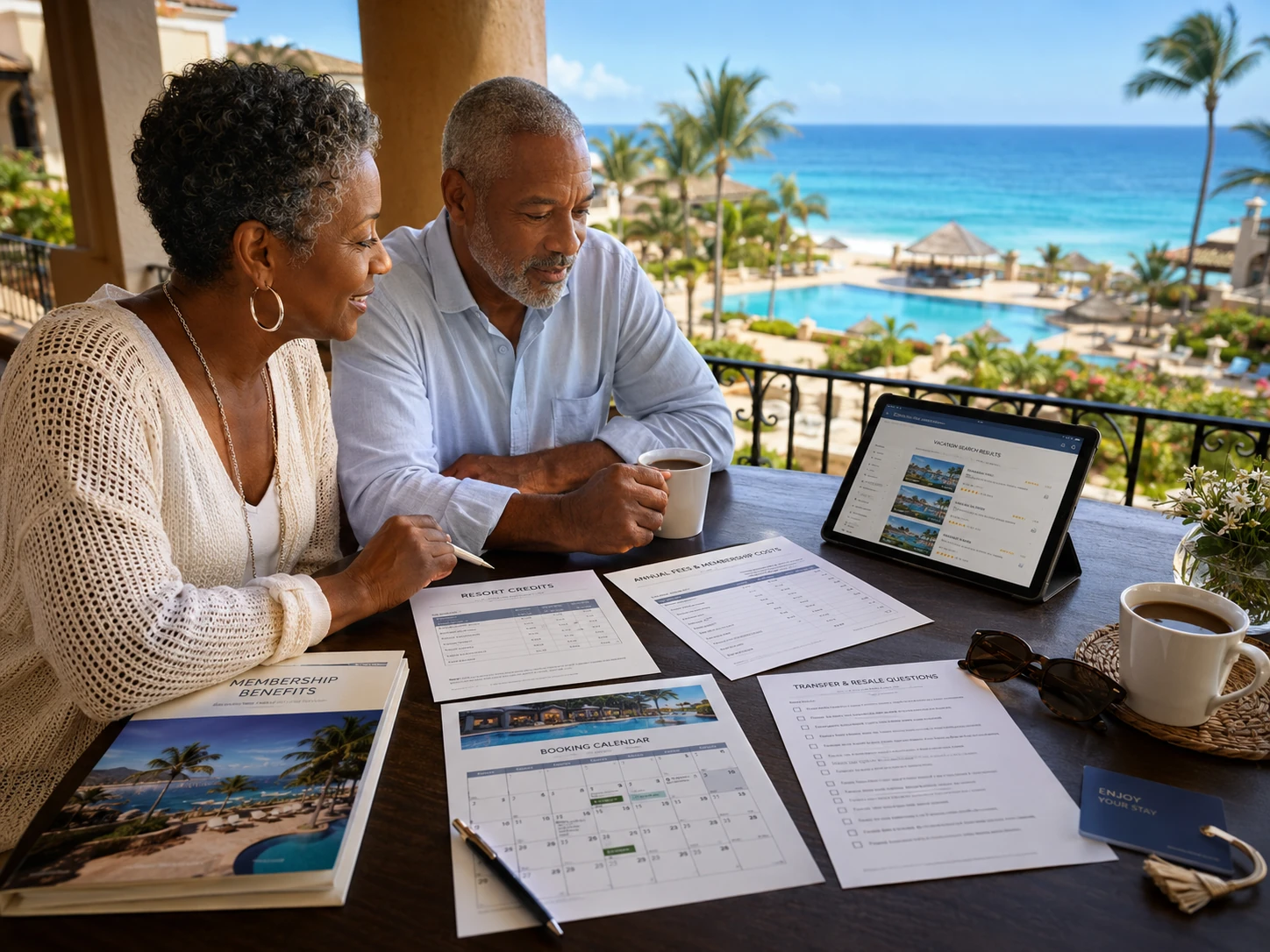 Couple reviewing Palace Elite membership benefits, resort credits, annual fees, booking access, and transfer questions at an all-inclusive resort.