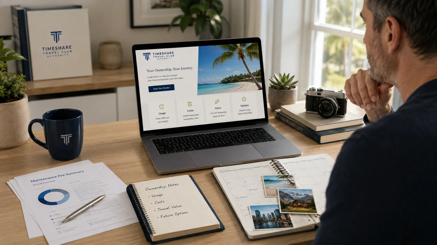 Timeshare ownership planning workspace representing usage, costs, benefits, booking, and travel decisions.