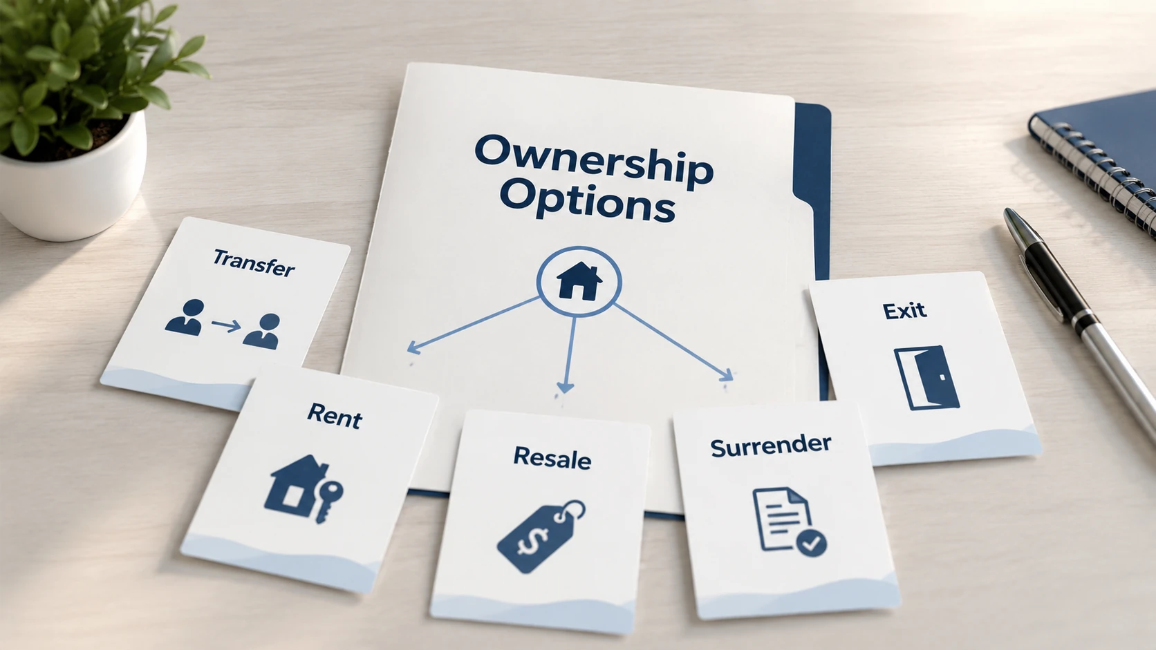 Timeshare ownership options including transfer, rental, resale, surrender, and exit paths.