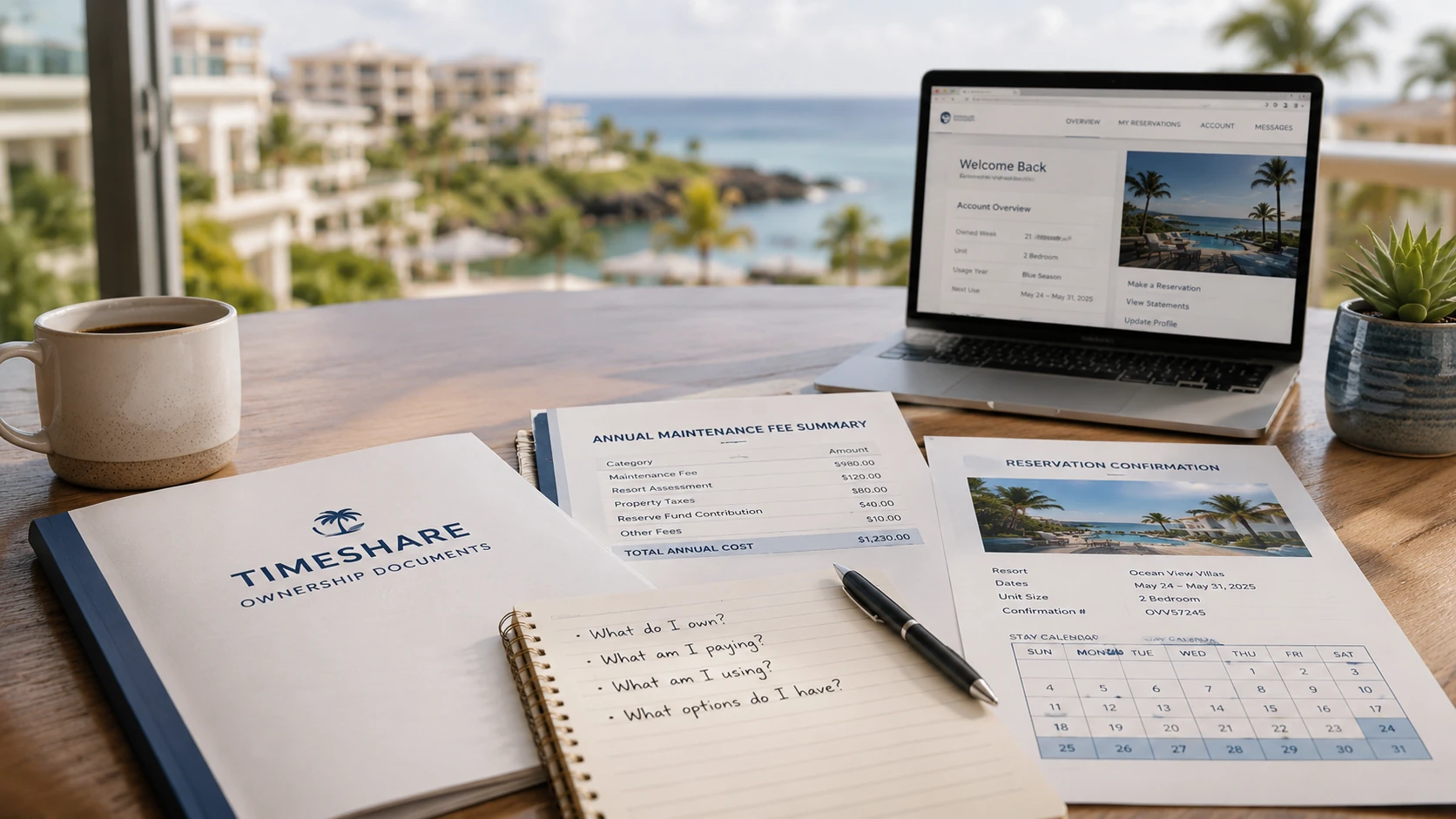 Timeshare ownership review scene with maintenance fee summary, reservation confirmation, owner documents, and laptop for Timeshare Travel Club Authority.